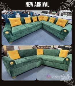 Brand New DELTA Rich Suede Fabric Corner L Shape Sofa in Forest Green