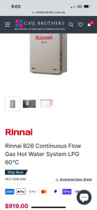 Brand New Rinnai B26 lpg water heater and cavity box