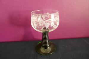 Vintage hock wine glass with grape vine design. 11.5cms tall