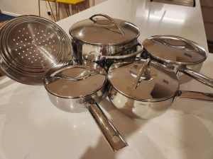 Five piece Arcosteel stainless steel pot, pan and steamer set