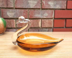 Vintage Art Glass Amber Swan Dish