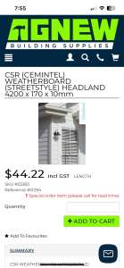 CSR (CEMINTEL) WEATHERBOARD (STREETSTYLE) HEADLAND 4200 x 170 x 10mm