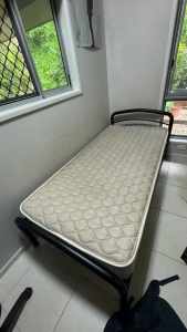 Single Mattress with Metal Bed Frame and blue sheets included