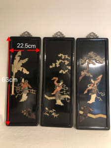 Stone Inlaid Oriental Black Lacquer Panels (3 Pieces)