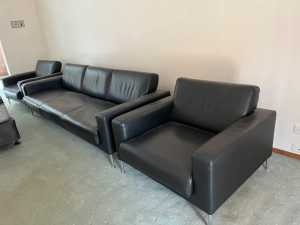 King Black Leather Couch & 2 armchairs