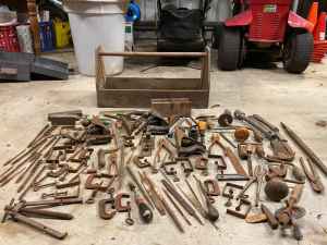 Old tools - clamps, plains, set square, hand drills, drill bit, pliers