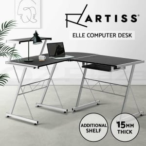 Office Computer Desk Corner Table Metal Keyboard Tray Top Shelf Black