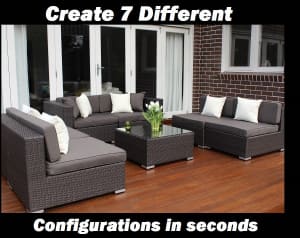 WICKER LOUNGE SETTING 7 CONFIGURATIONS EUROPEAN STYLED, BRAND NEW
