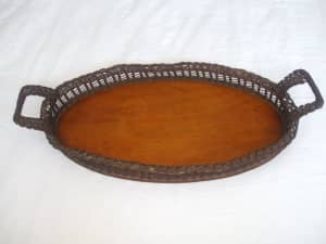 Rustic Cane and Wood Oval Tray