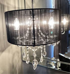 Crystal silver three arm chandelier light fitting with black shade.