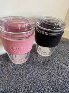 Double walled glass travel mugs
