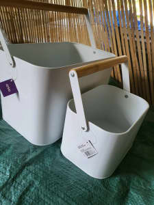 Brand new 2 x white and wood handles tin caddy storage buckets