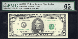 US 1995 $5 Dallas Federal Reserve Note PMG Gem Uncirculated 65
