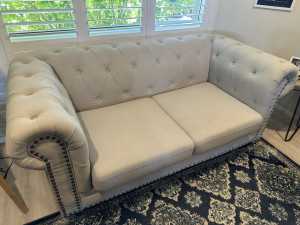 PENDING. 2 Seater Chesterfield fabric sofa. Used. 