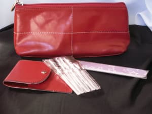 Red Leather Make-up Bag with Make-up Brushes & Nail File NEW