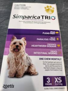 Simparica TRIO For Dogs 2.6 - 5kg Purple XSmall 3 Chews - Expiry 3/25