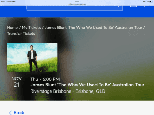 James Blunt Brisbane Riverstage tickets seated x 4