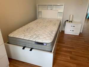 King Single bed, mattress, 5 drawer tallboy & bedside drawers