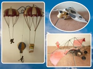 Variety of Five Vintage Flying Machines, Parachutes and Cow with Wings
