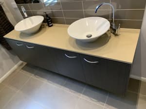 1800mm wall hung vanity unit, stone top, basins and tapware