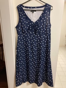 Dress. Navy, white polka dots. The Clothing Company. As new. Size 16. 