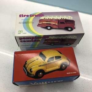 Vintage Tin toy VW Car & Fire Truck