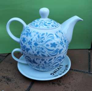 Blue and White Floral Teapot with Teacup and Saucer
