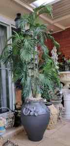 Beautiful Lifelike Artifical Palm Tree in Large Rustic Vintage Urn