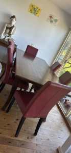 Hardwood Dining Table with 6 Leather red Chairs