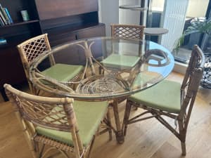 NZ handmade retro vintage 1970s cane 5 piece - dining table & 4 chairs