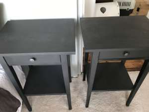 2 matching bedside cabinets, dark grey/black wood with drawer & shelf