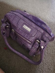 Purple handbag, bluebird brand, patent faux animal leather