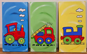 Childrens set of three paintings: tractor, train, fire truck