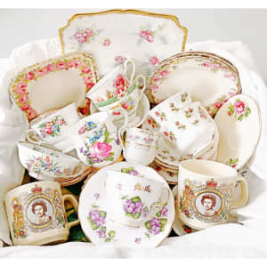 Vintage English china teacups, plates, bowls, mismatched sets