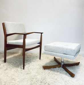 Restored Mid Century Parker blackwood club chair and footstool.