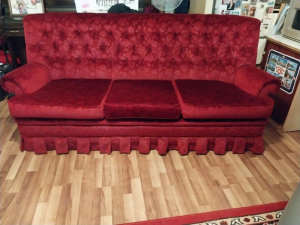 3 seater red velvet vintage lounge with 2 arm chairs