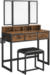 VASAGLE Dresser Table with Trifold Mirror Rustic Brown and Black ...