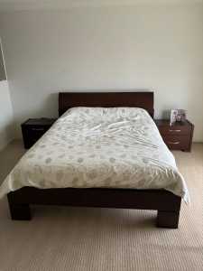 Queen bed frame, mattress, bed side tables. Free