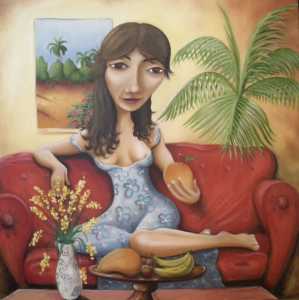 Painting (oil on canvas) titled Girl With Mango.