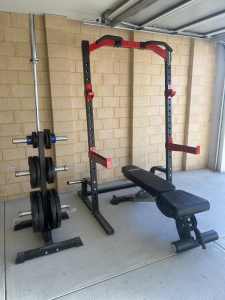 Full Home Gym Setup: Half Rack, Bench, Bar, Weights, Storage