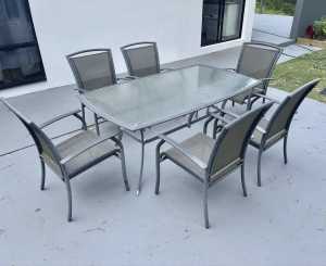 Outdoor Patio Dining Set 7pc Glass Table Top & 6 Stackable Chairs