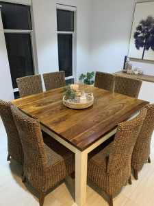 Timber Dining Table with 8 Rattan Chairs