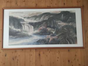 Framed Watercolour: scenic mountains, misty waterfall (Large and Long)