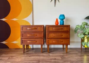 Pair of Mid Century Teak Three Drawer Bedside Side Tables, Can Deliver