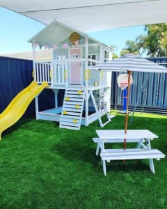 Large Wooden Ground Level Cubby House with Slide and Sandpit MudKitch