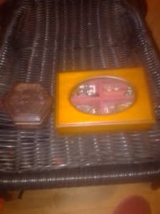 A nice glass top jewellry box and a small carved wooden trinket box