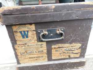Vintage Timber Chest with travel stickers/history