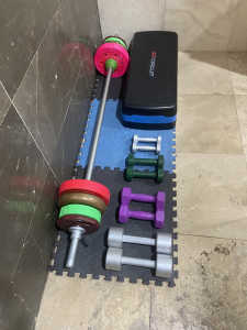 Gym set adjustable barbell dumbbells weights rubberMat aerobic stepper