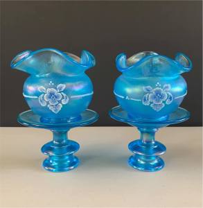 Vintage Fenton Blue Glass dishes on pedestals (2) Hand Painted.