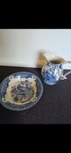 Beautiful English Antique collectors blue bowl & matching jug